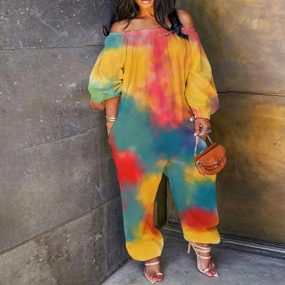 CM.YAYA  Tie Dye Off Shoulder Slash Neck  Women's Haren Jumpsuit Streetwear Active Short Sleeve Romper Overalls Outfits