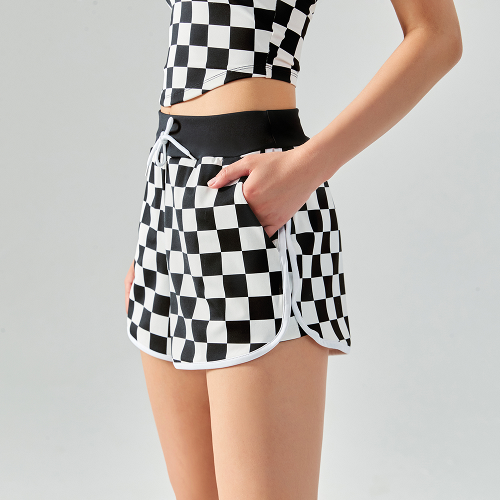 Shop women's checkerboard print soft drawstring workout gym loose yoga shorts online on Hergymclothing Black White Plaid