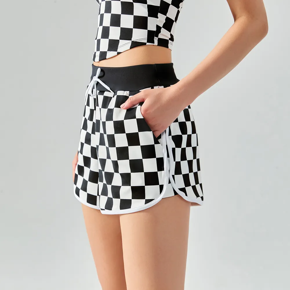 Shop women's checkerboard print soft drawstring workout gym loose yoga shorts online on Hergymclothing Black White Plaid