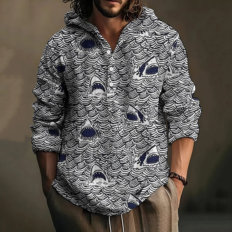 Men's Shark And Sea Art Printed Button Casual Hooded Shirt
