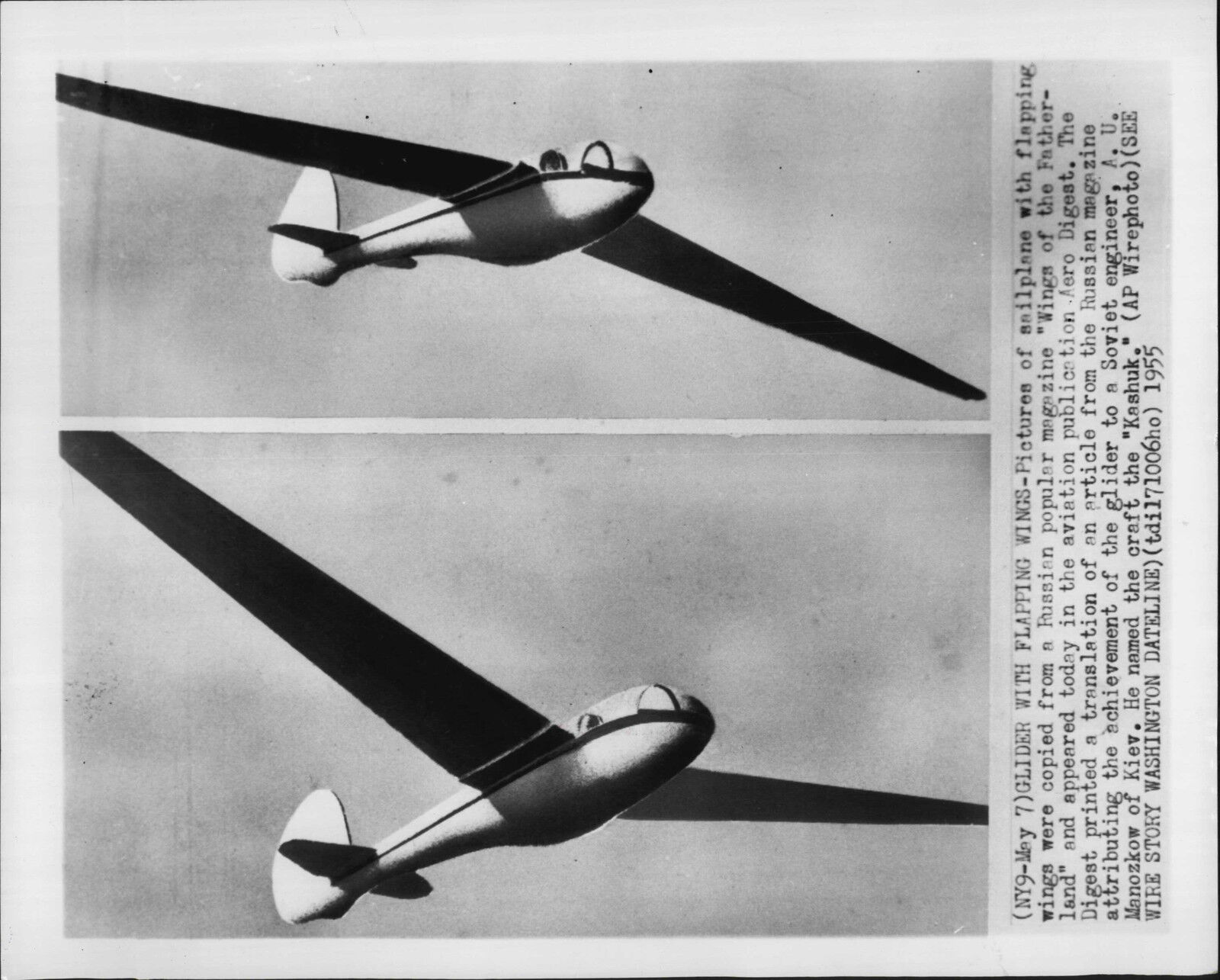 1955 Russian Glider Kashuk A.U. Manozkow Wings of the Fatherland Press Photo Poster painting