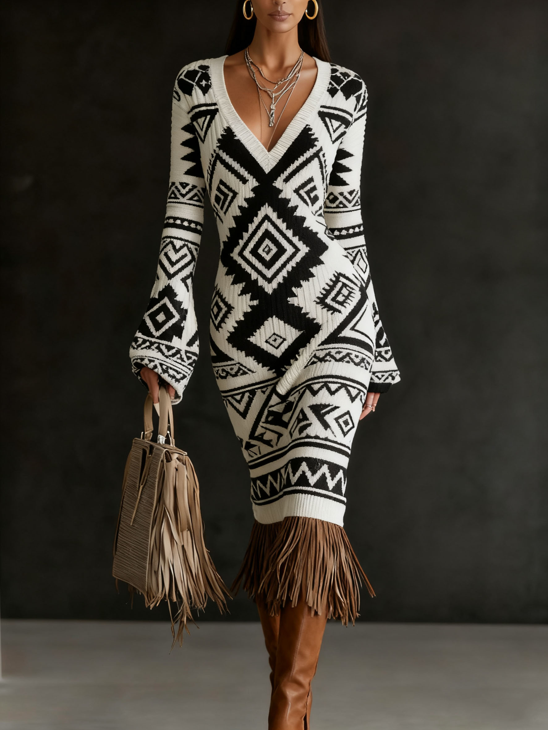 Lantern Sleeve Printed Tassel Maxi Dress-1027