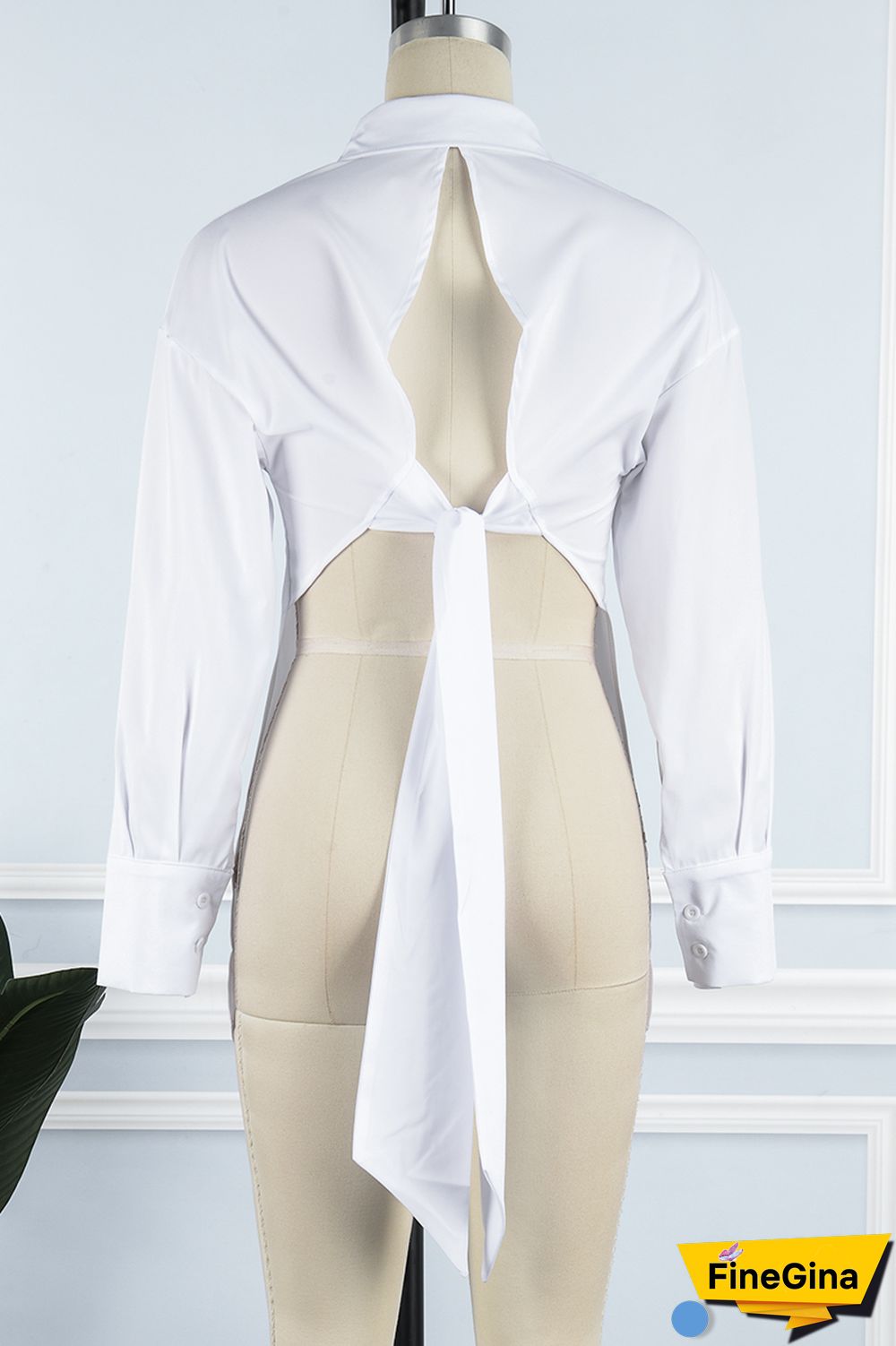 Sky Blue Casual Solid Frenulum Backless Asymmetrical Shirt Collar Tops