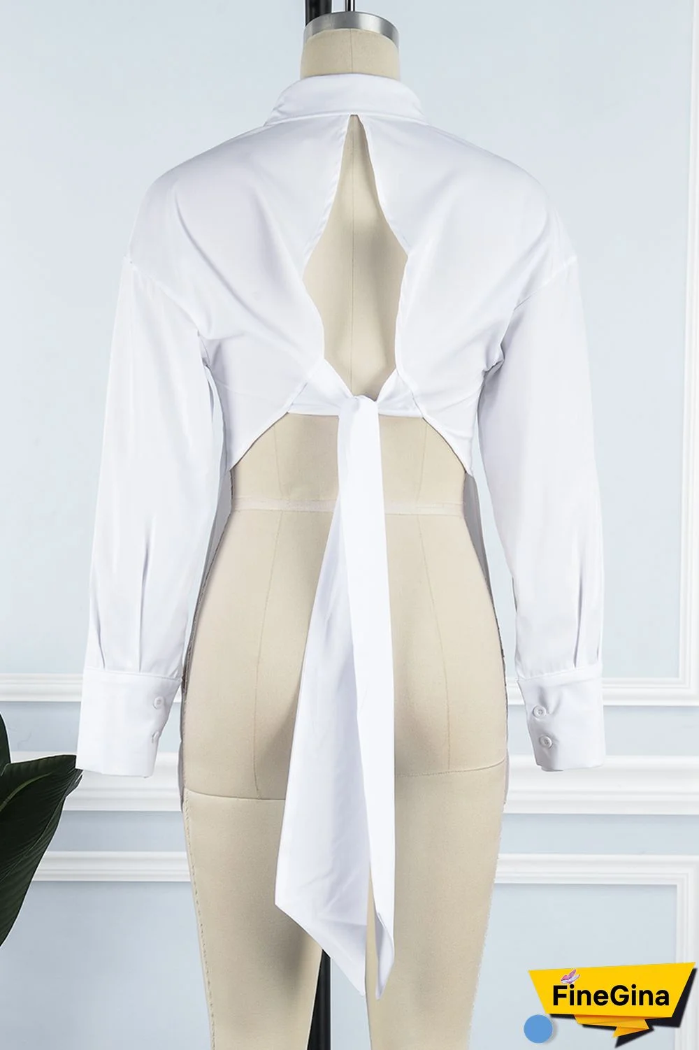 Sky Blue Casual Solid Frenulum Backless Asymmetrical Shirt Collar Tops