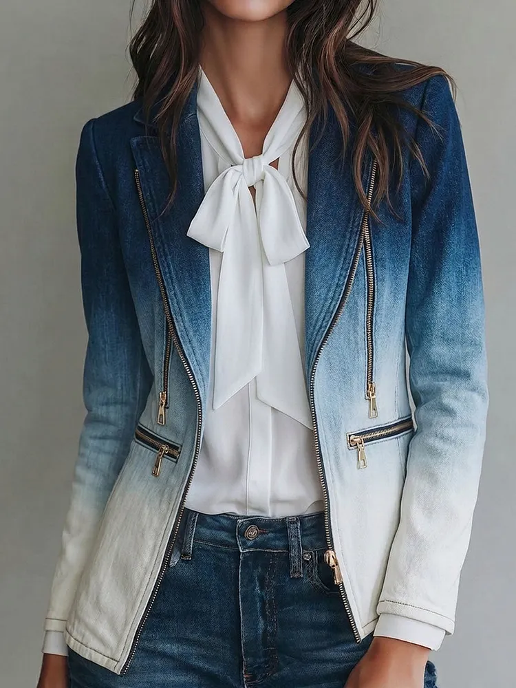 Vintage Gradient Denim Lapel Zipper Detail Blazer Jacket
