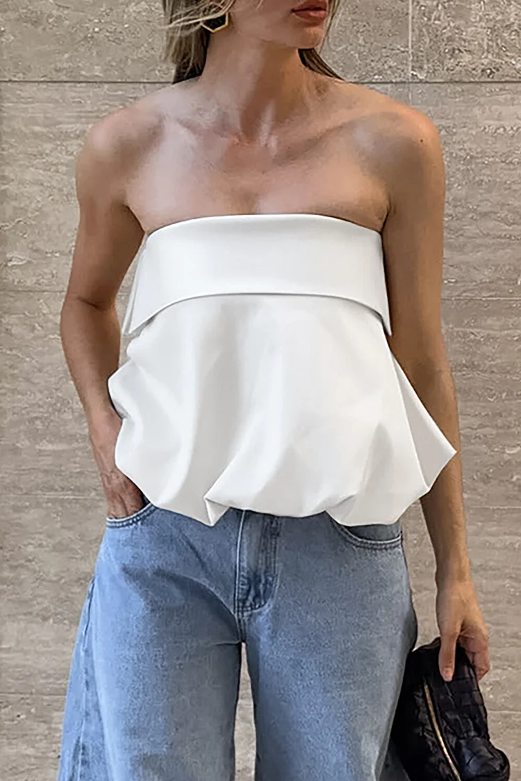 Solid Color Boat Neck Strapless Long Streamer Top-White