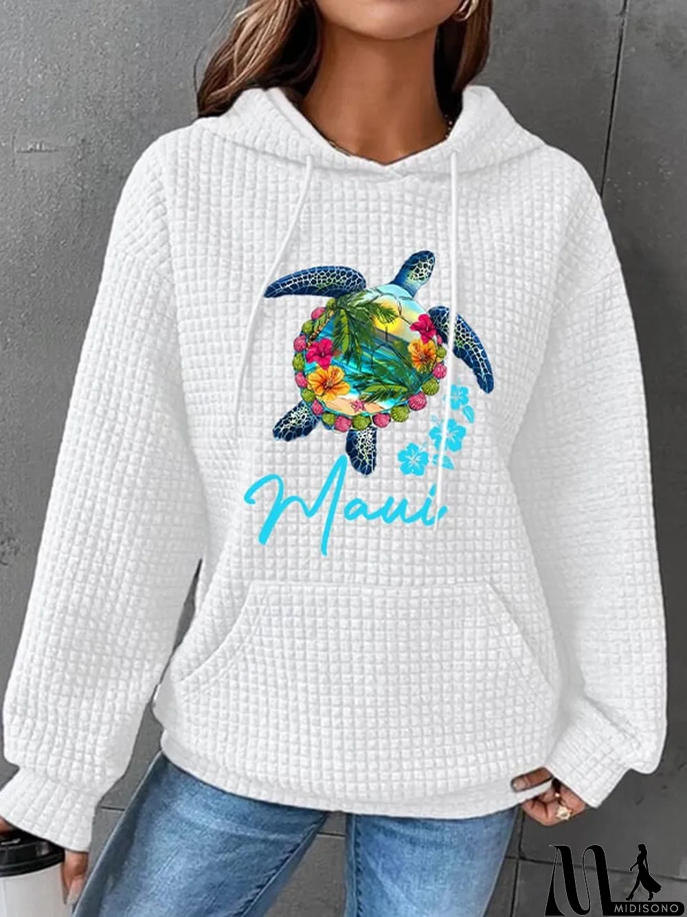 MidiSono - Women's Maui Sea Turtle Print Waffle Hoodie