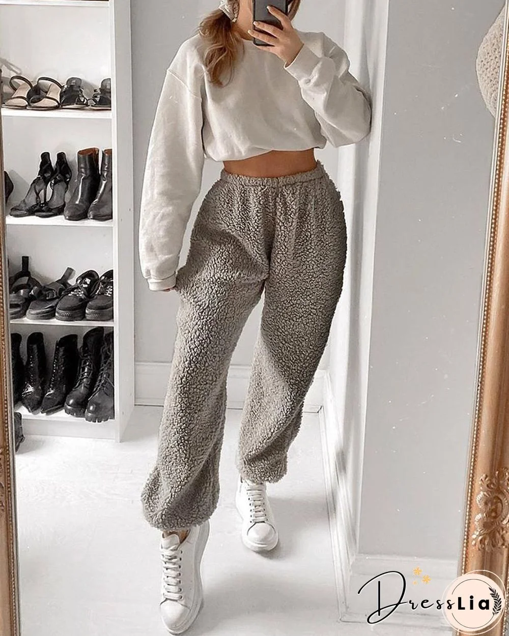 Solid High Waist Fluffy Casual Pants
