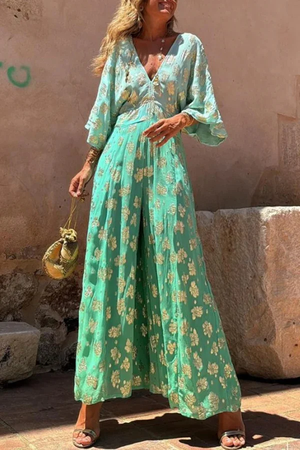 V Neck Puff Sleeve Jumpsuit