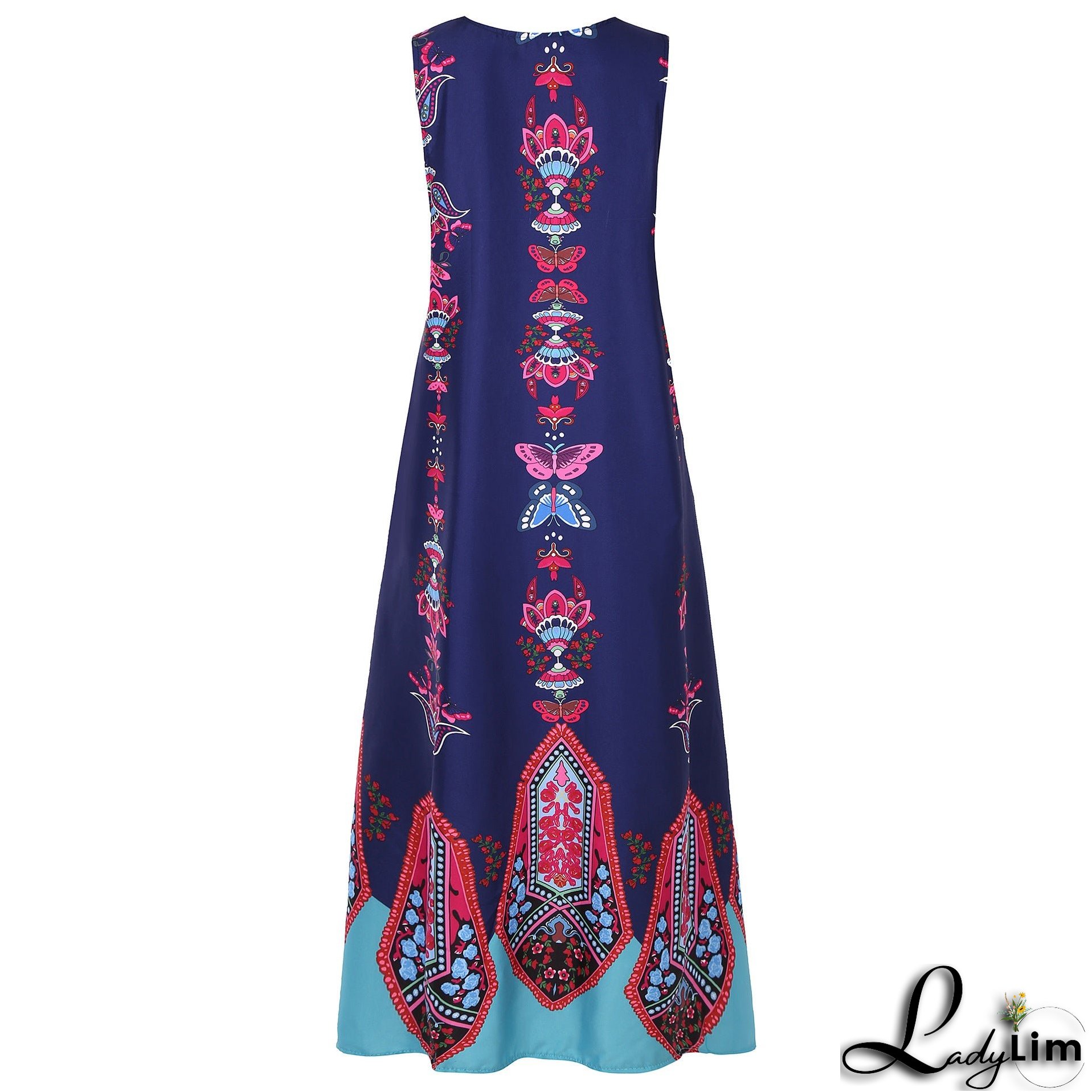 Vintage print dress V-neck sleeveless