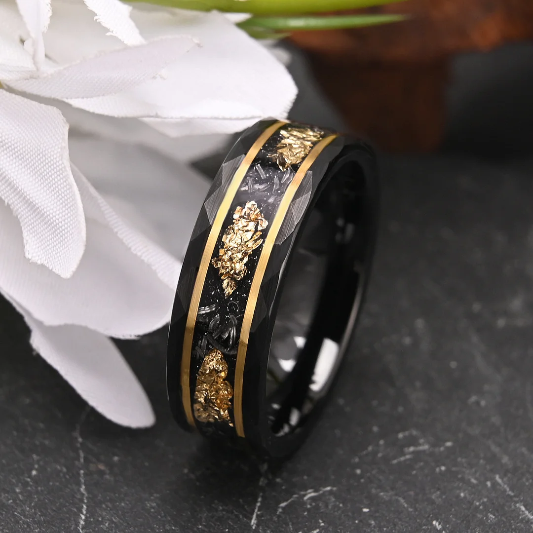 6MM 8MM Tungsten Carbide Wedding Rings Meteorite-set Gold Plate Flat Hammered Electrode Black Ring For Women And Men