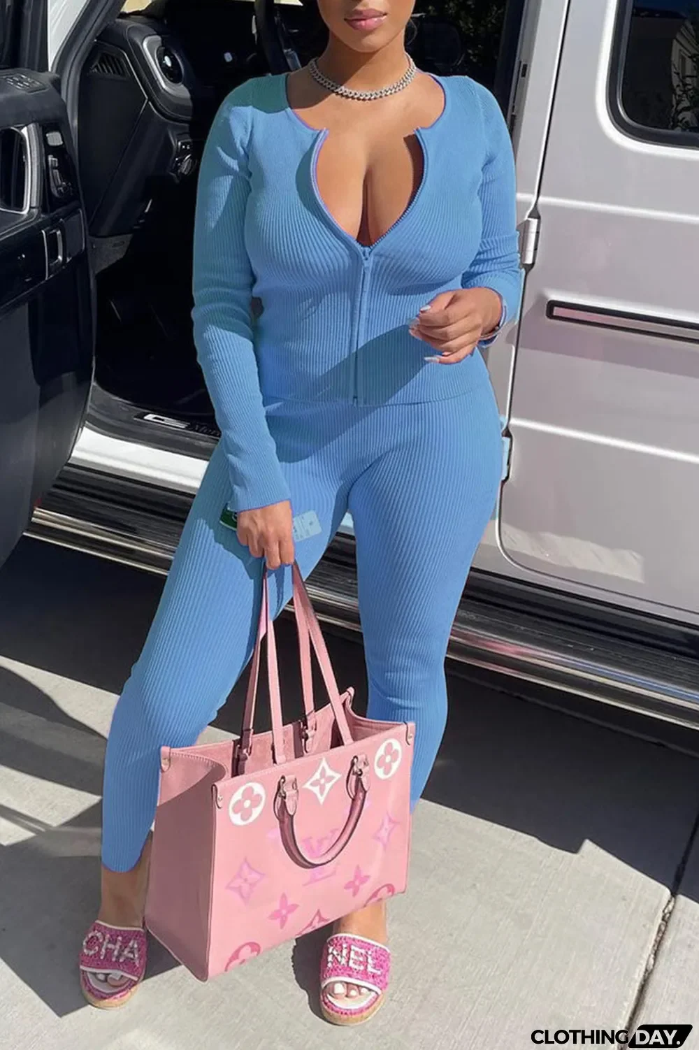 White Casual Solid Split Joint Zipper Long Sleeve Two Pieces