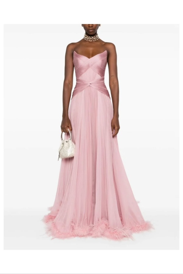 Lussooy Chic Pink Sweetheart Sleeveless Prom Dress with Feather 