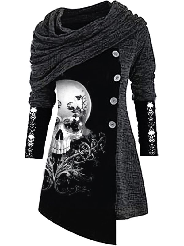 Punk Skull Print Warm Knit Irregular Top
