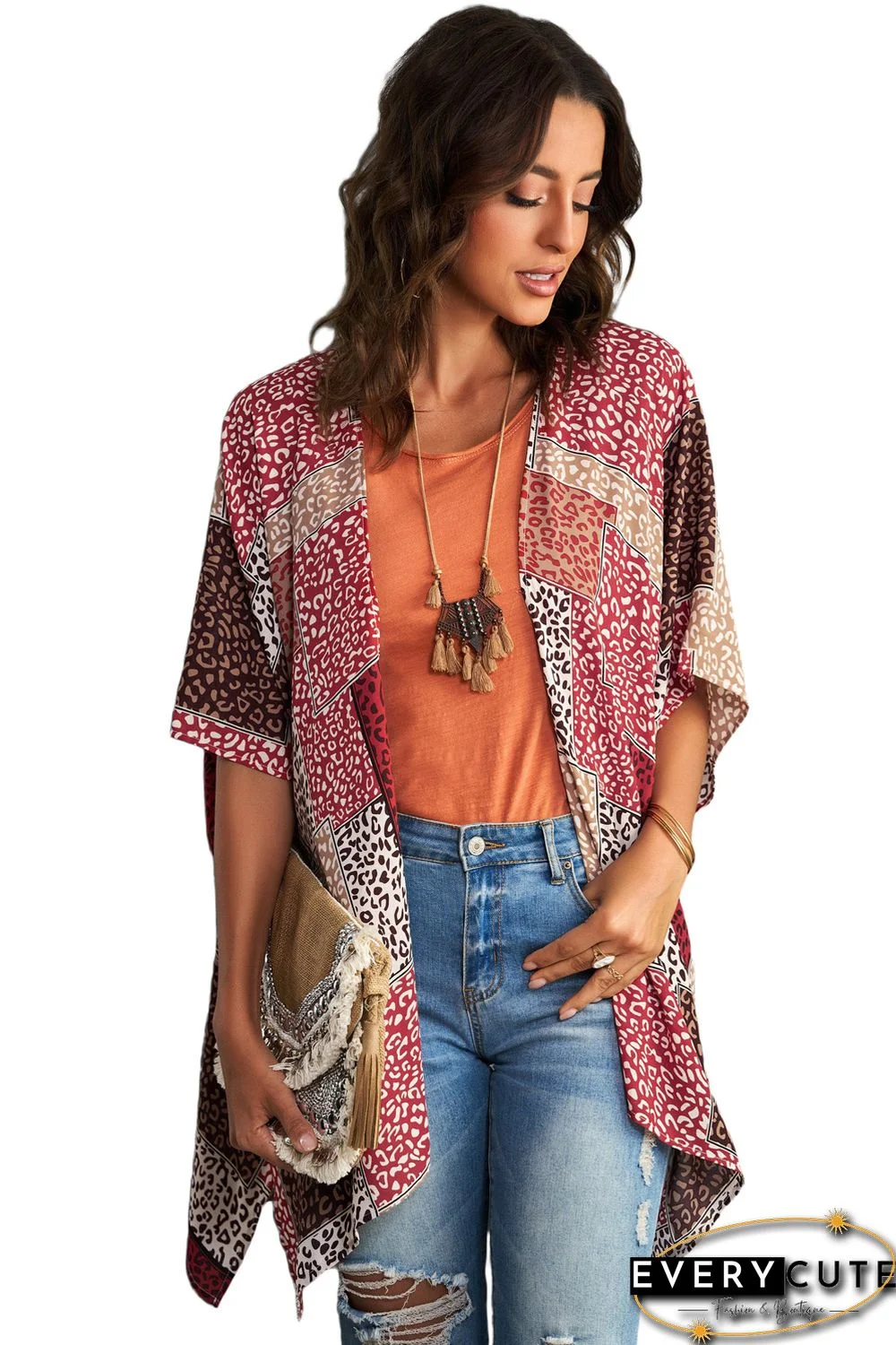 Red Leopard Color Block Open Front Kimono