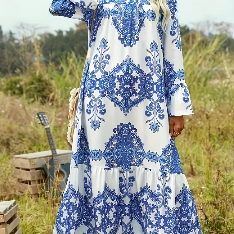 Allover Print Maxi Dress, Long Sleeve Notched Neck Dress, Women's Clothing