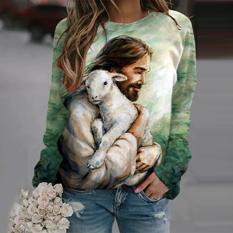 Women's Jesus Leaves The 99, Parable of The Lost Sheep Printed Sweatshirt wearshes