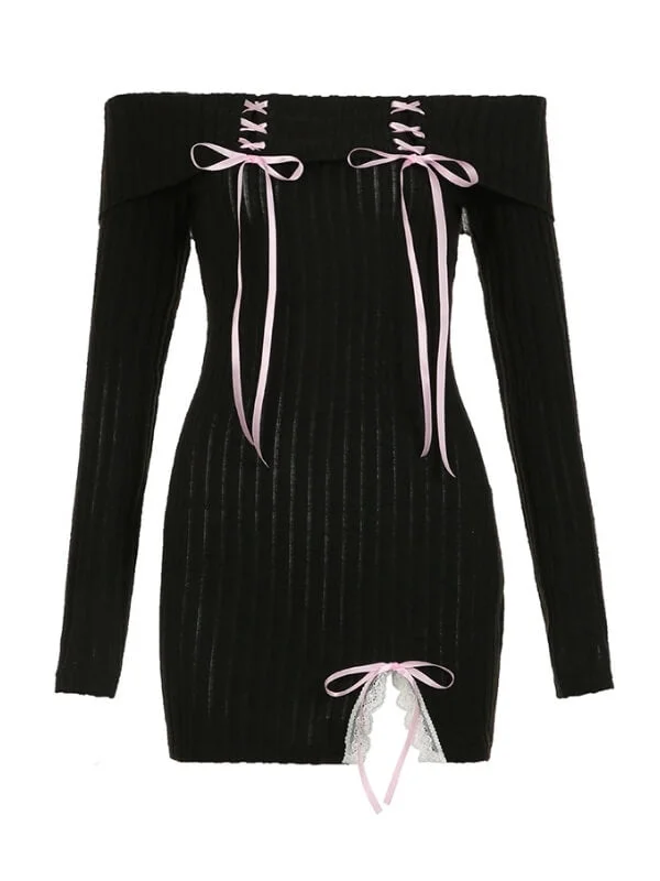 Black Knit Dress with Pink Ribbons