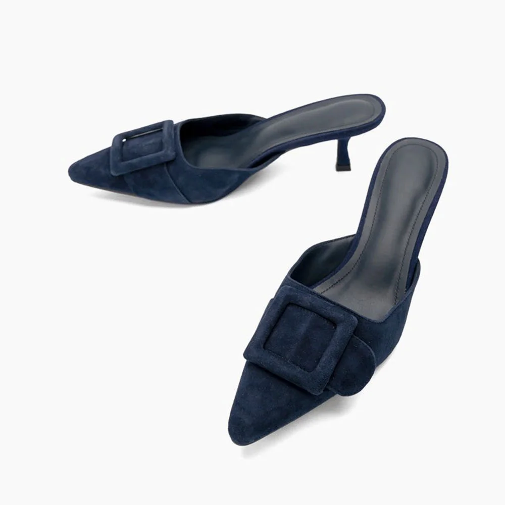 Simple Navy Pointed Toe Buckle Decor Kitten Heel Mules for Women