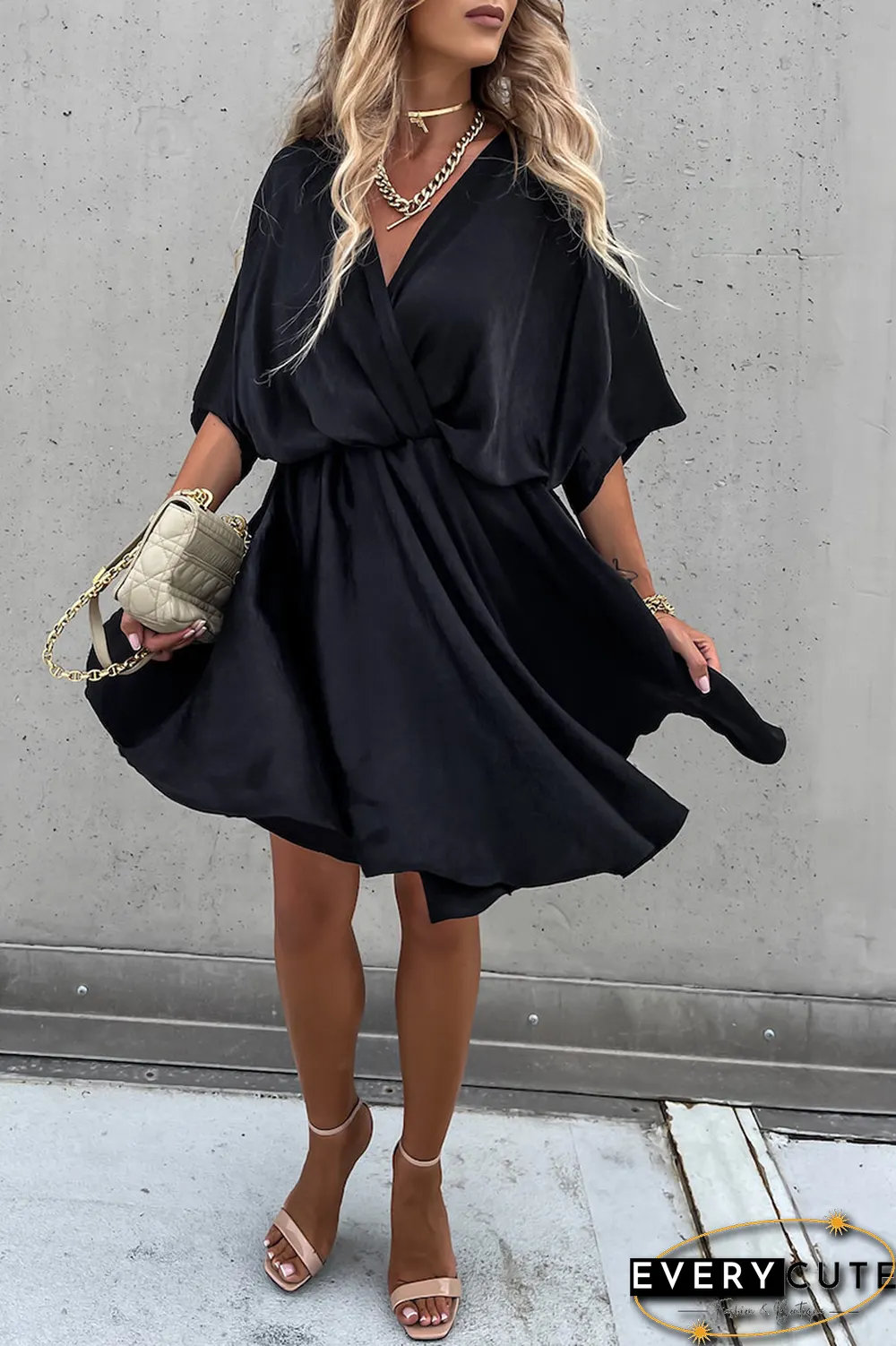 Flowly V Neck Bat Mini Dress