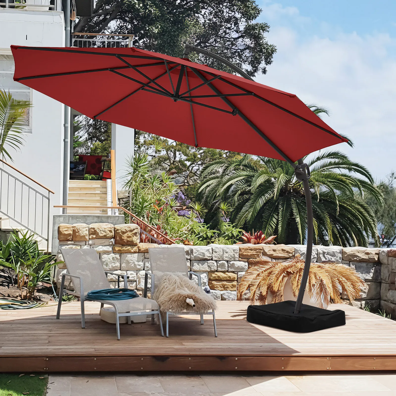 double top market patio umbrella with base 15 ft. Sided flex mount Rio Brands 7' UPF Color:Black / Royal / Stone Featuring a user