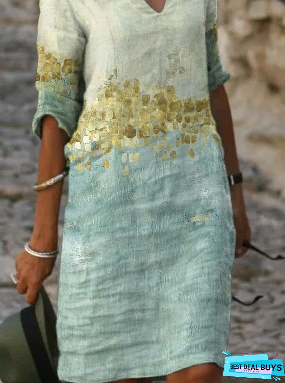 Ladies V-Neck Oil Printed Casual Shift Dress