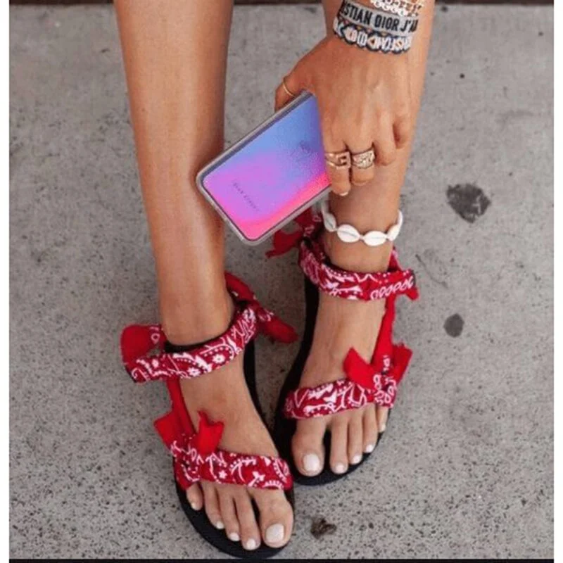 Women Flat Sandals graffiti Bandana Shoes Summer Outdoor Platform Sandals Open Toe Cute Bow Casual Ladies Beach Shoes 43
