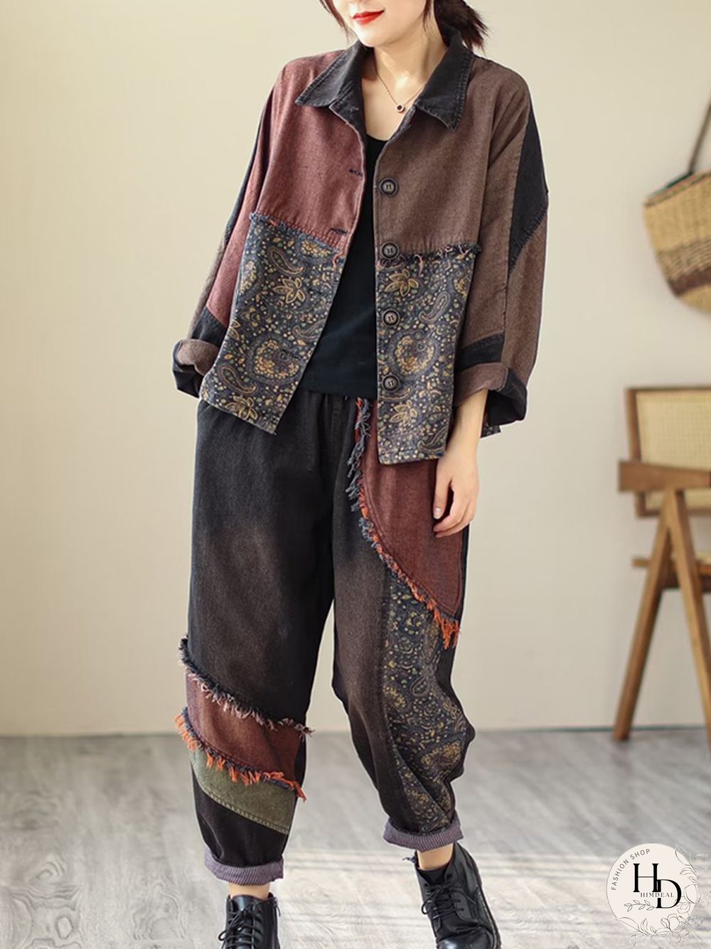 Contrast Color Fringed Split-Joint Long Sleeves Printed Outwear Harem Pants Two Pieces Set