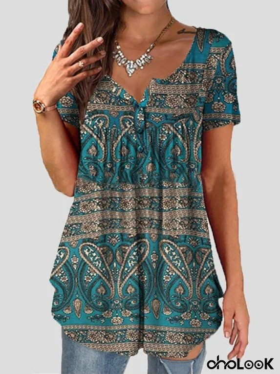 Women's T-Shirts Vintage Print V-Neck Short Sleeve T-Shirts