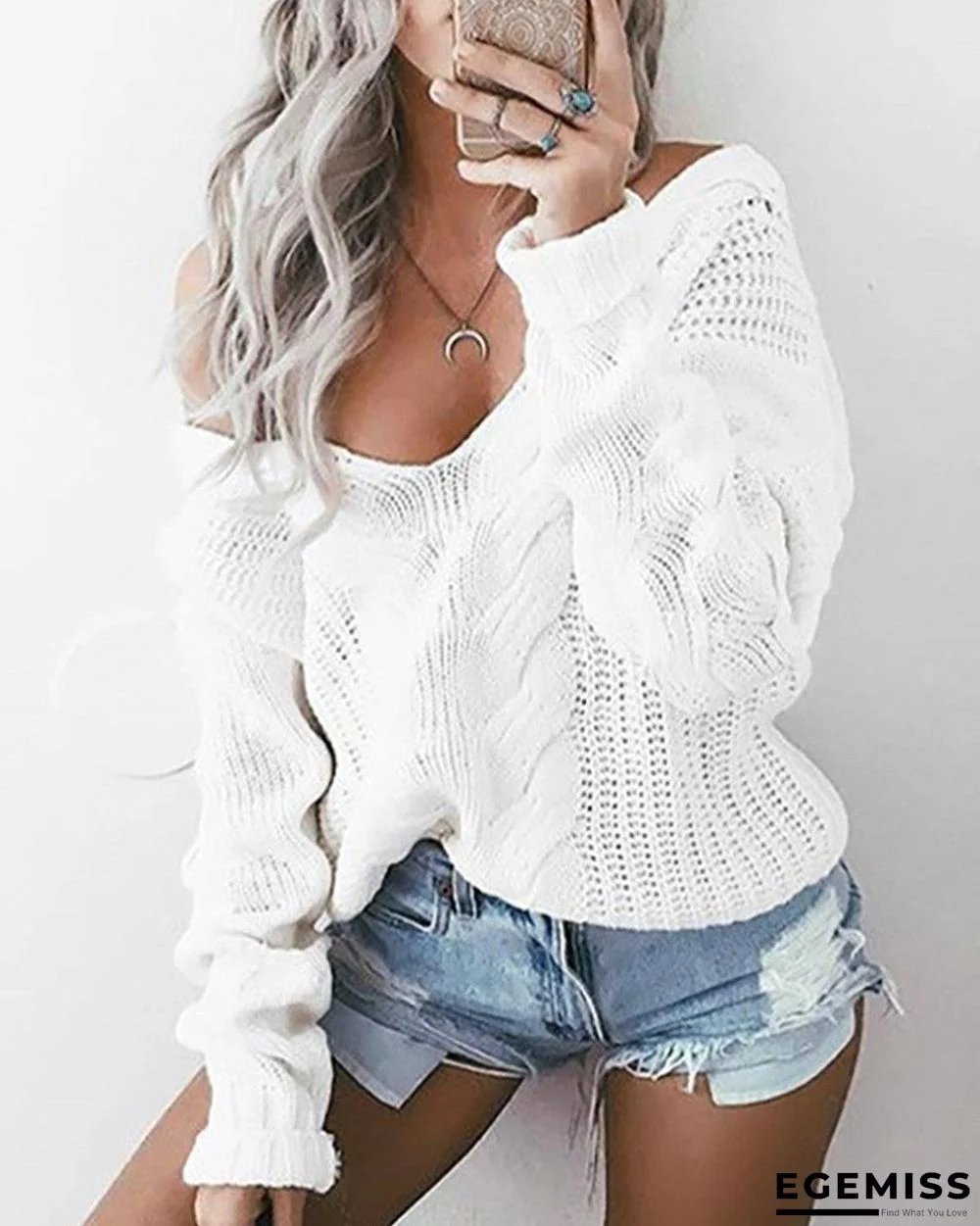 Long Sleeve Hollow Out Knit V-Neck Sweater | EGEMISS