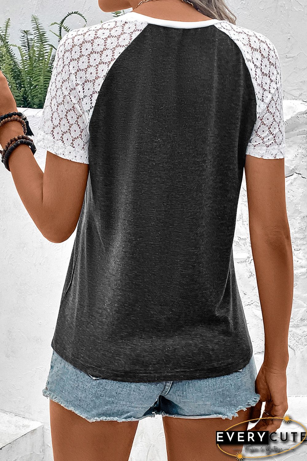 Multicolor Color Block Lace Patchwork Short Sleeve T Shirt