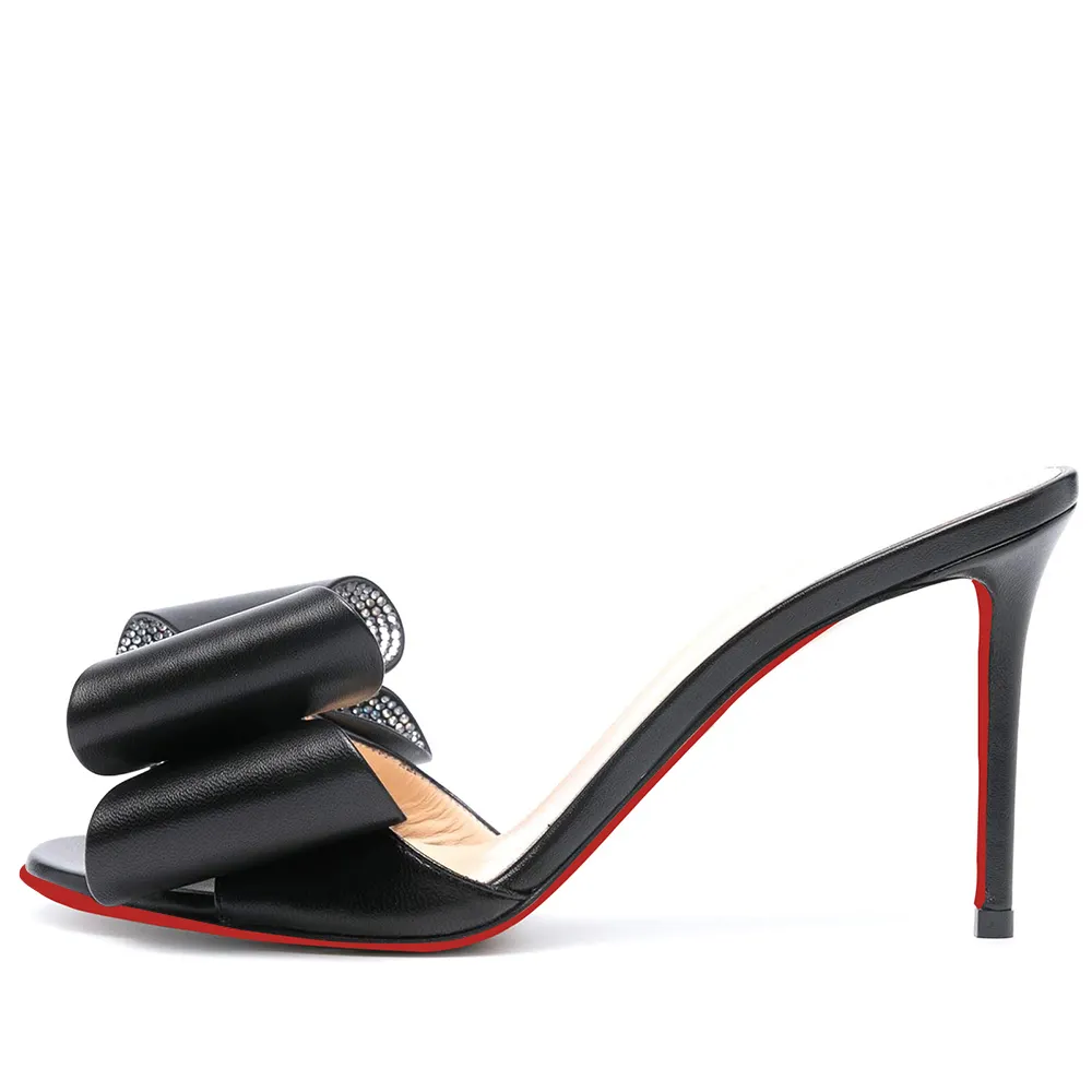 100mm/3.94 Inch Women's High Heel Mules Rhinestone Bowknot Backless Stiletto Heel Slippers Sexy Summer Heeled Red Bottom Sandals-vocosishoes