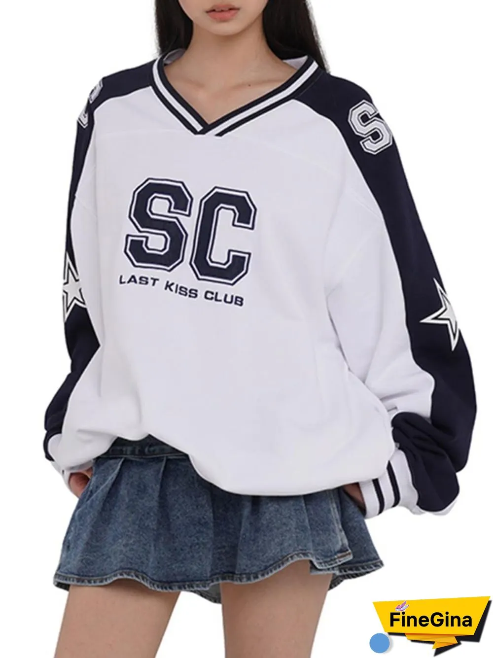 Vintage Contrast Color Letter Embroidery V Neck Sweatshirt