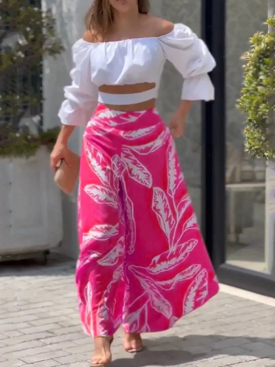 Two-piece set of cropped top & printed wide-leg pants