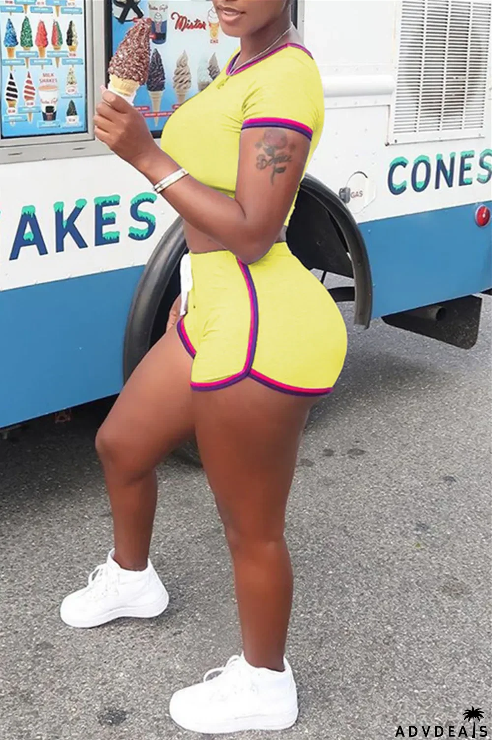 Yellow Fashion Casual Striped Solid Split Joint O Neck Short Sleeve Two Pieces