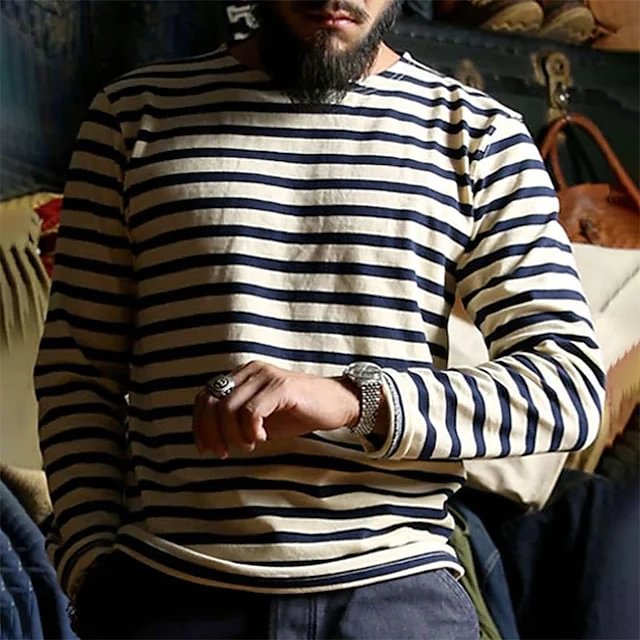 Striped Crew Neck Men's Casual Long Sleeve T-shirts-VESSFUL
