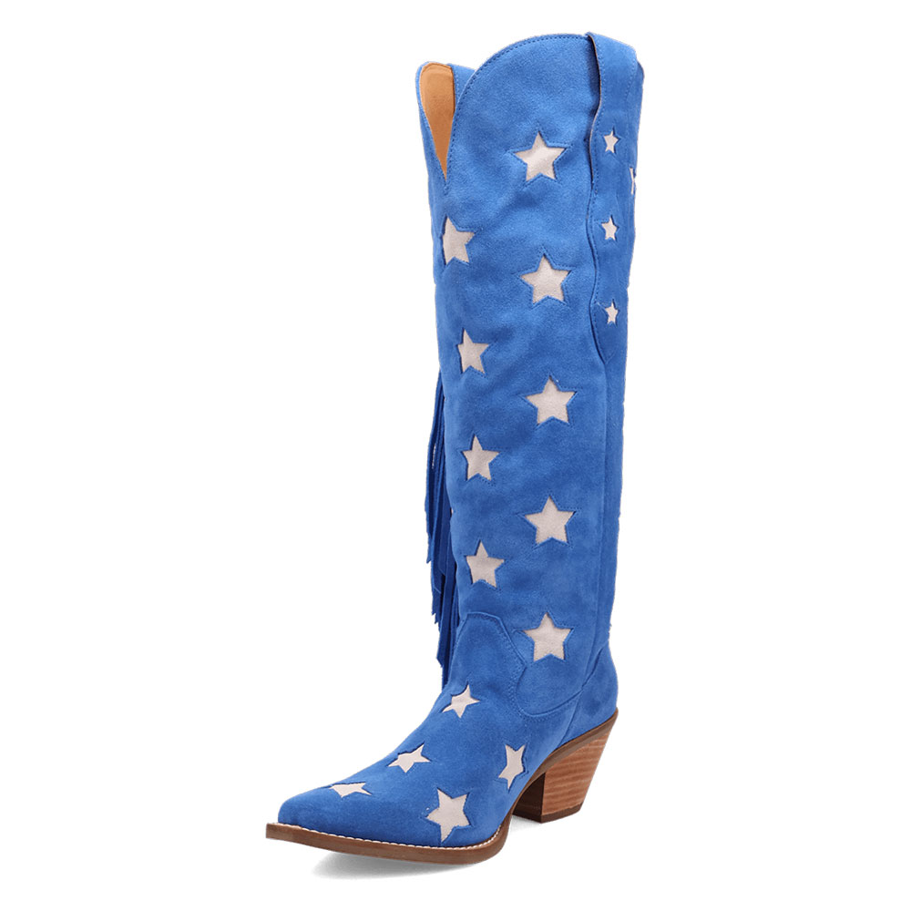 Beige Star Pattern Snip Toe Chunky Heel Knee-High Blue Cowgirl Boots Nicepairs