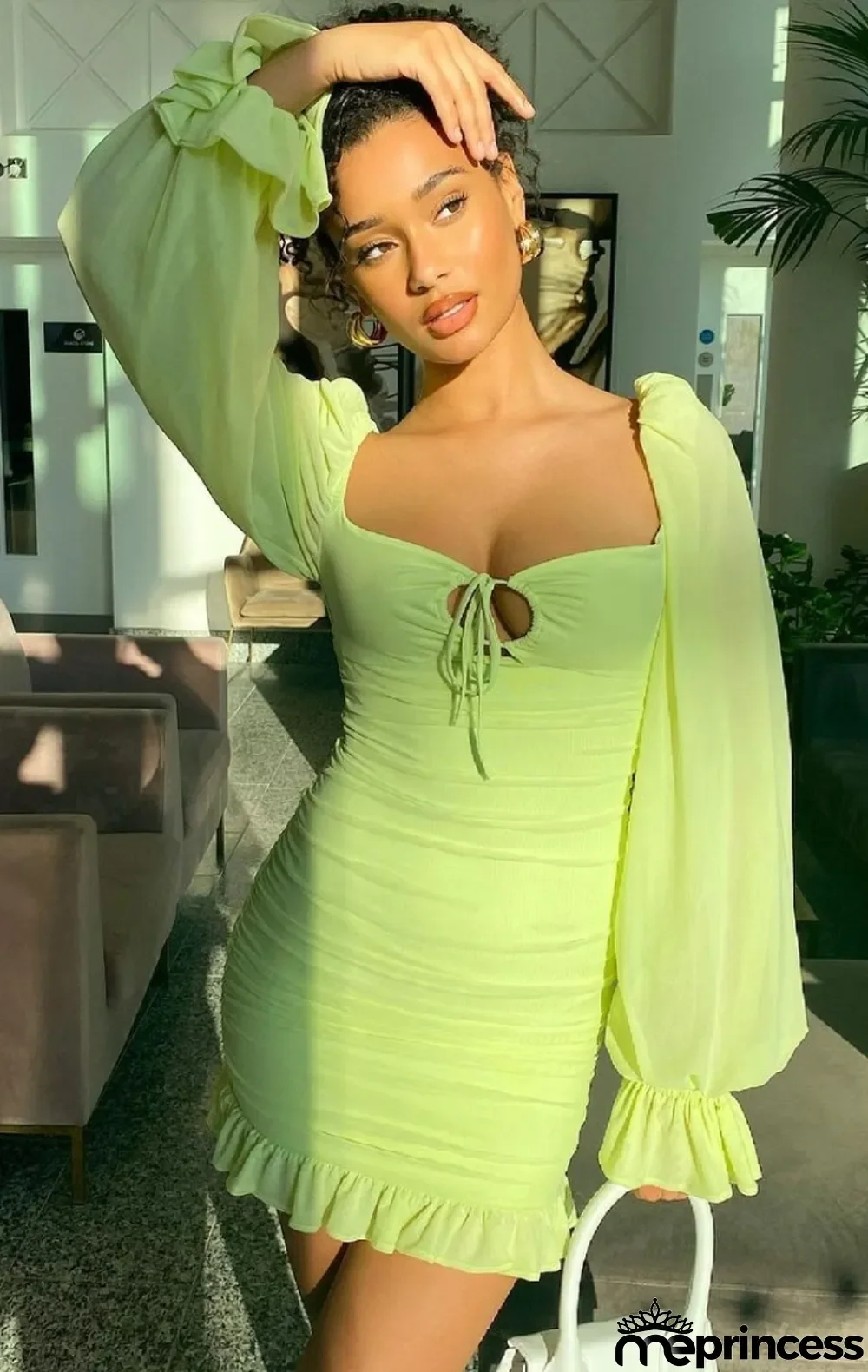Fall Party Green Puff Sleeve Square Ruched Mini Dress