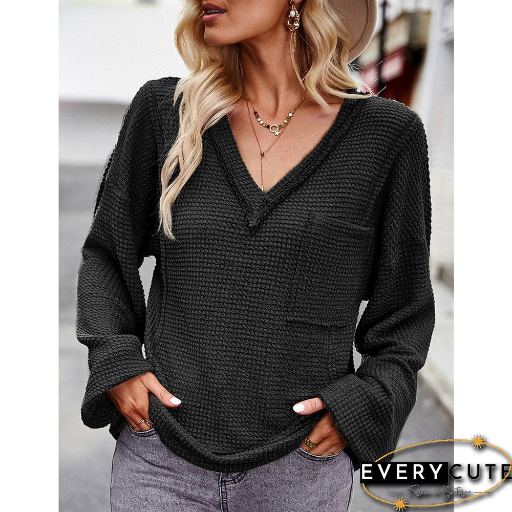 Black V Neck Waffle Pocket Long Sleeve Tops