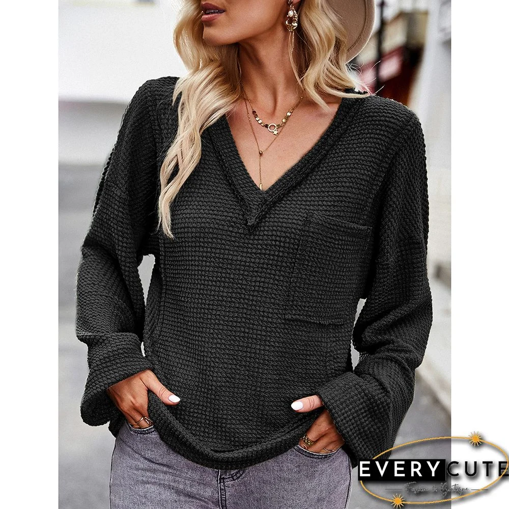 Black V Neck Waffle Pocket Long Sleeve Tops