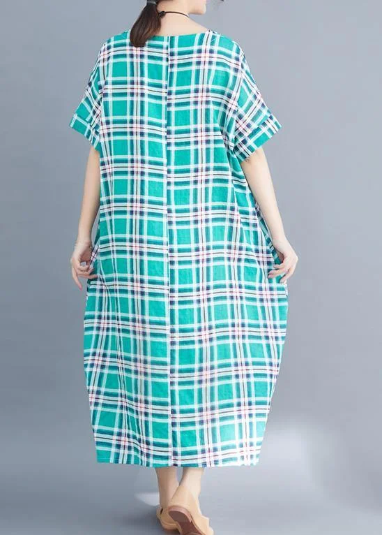 Natural green cotton clothes 2019 Sleeve plaid Plus Size Clothing summer Dress