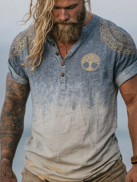 Men's Viking-Inspired Tree Of Life Short Sleeve Gradient Linen Henley Shirt / Rvogue / Rvogue