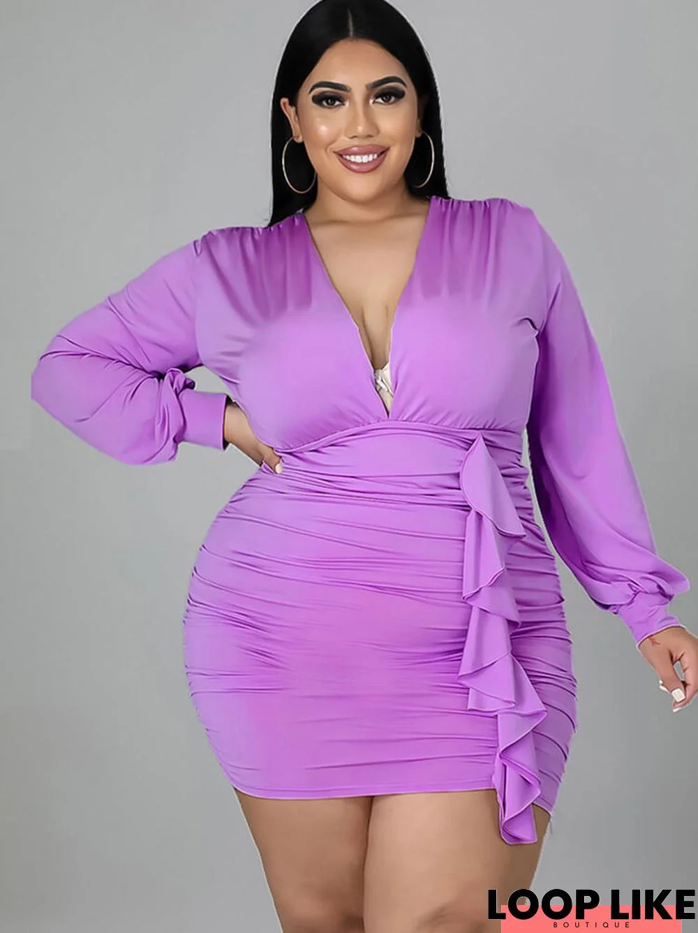 Plus Size Long Sleeve Ruched Bodycon Mini Dresses