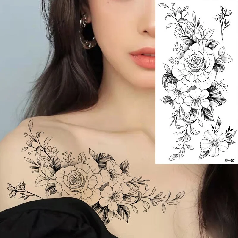 Sdrawing Temporary Tattoos Fake Tattoo for Women Sexy Rose Butterfly Flowers Body Art Sticker Arm Legs Sleeve Tattoos Girls