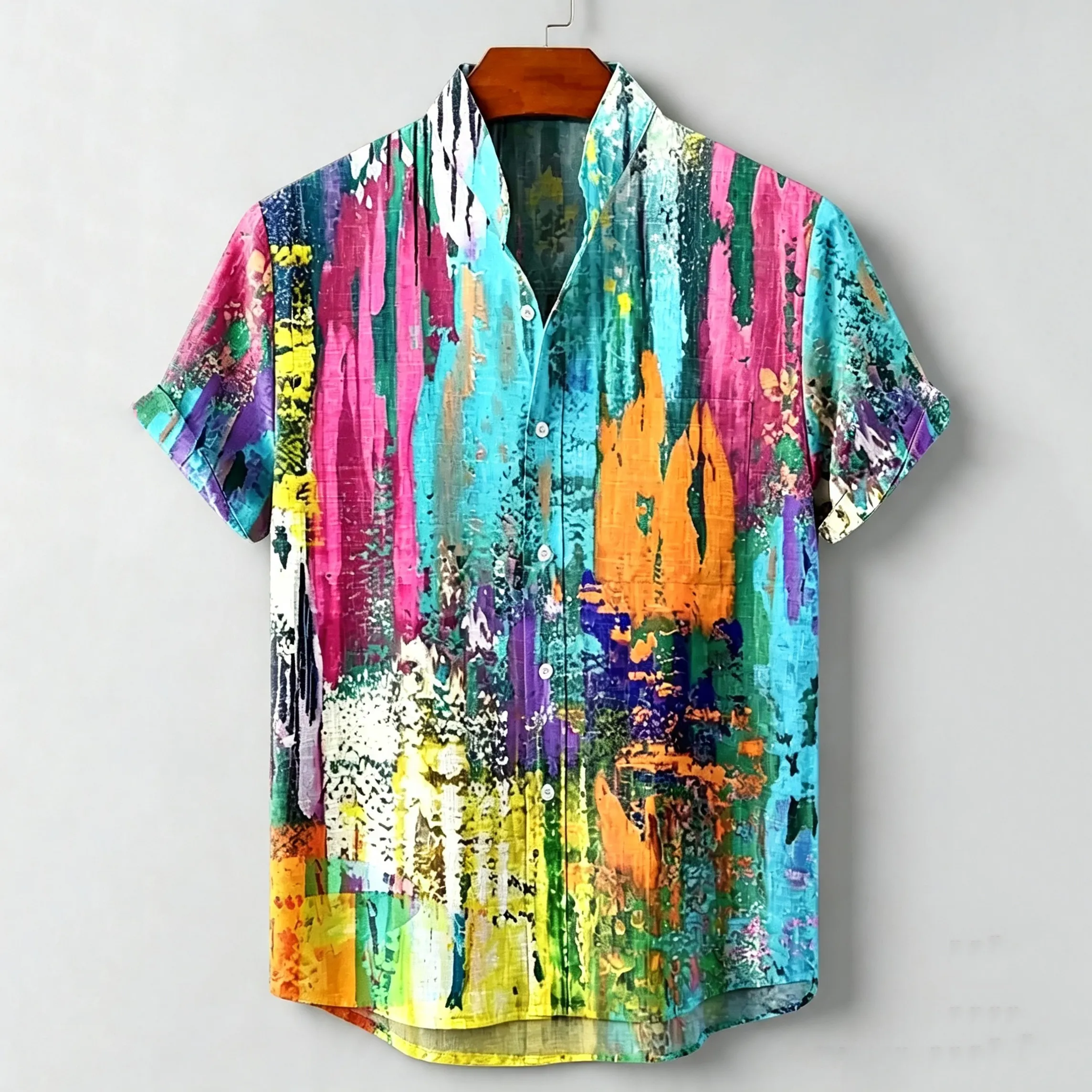 Vintage Rainbow Mottled Art Cat Print Casual Cotton Shirt  artssus