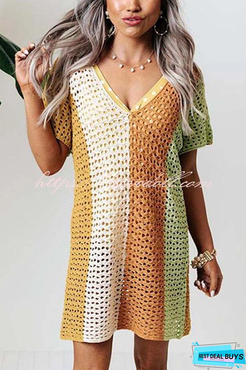 Ocean Whimsy Colorblock Crochet Cover Up Dress