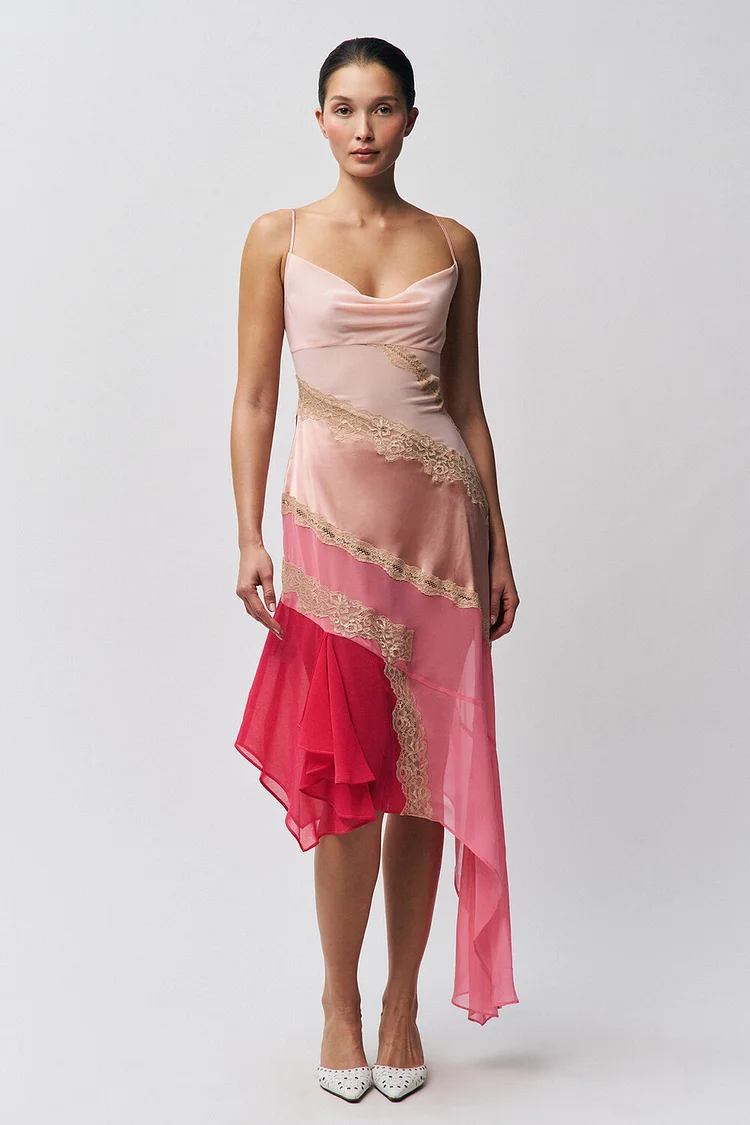 Lace Patchwork Colorblock Irregular Slip Midi Dresses-Pink [Pre Order]