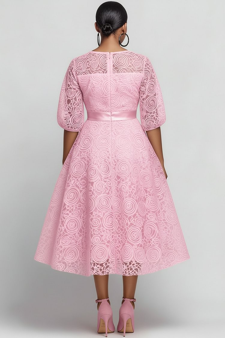 Xpluswear Design Plus Size Wedding Guest Pink Round Neck Puff Sleeve Half Sleeve 3D Elegant See Through Midi Dresses [Pre-Order]