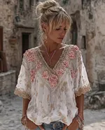 Women's Vintage Spring Floral Embroidered Art Print Flowy Linen Blend Short Sleeve Casual Tops - Image 3