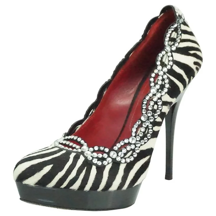 Black and White Heels Zebra Rhinestone Almond Toe Stiletto Heels Pumps |FSJ Shoes